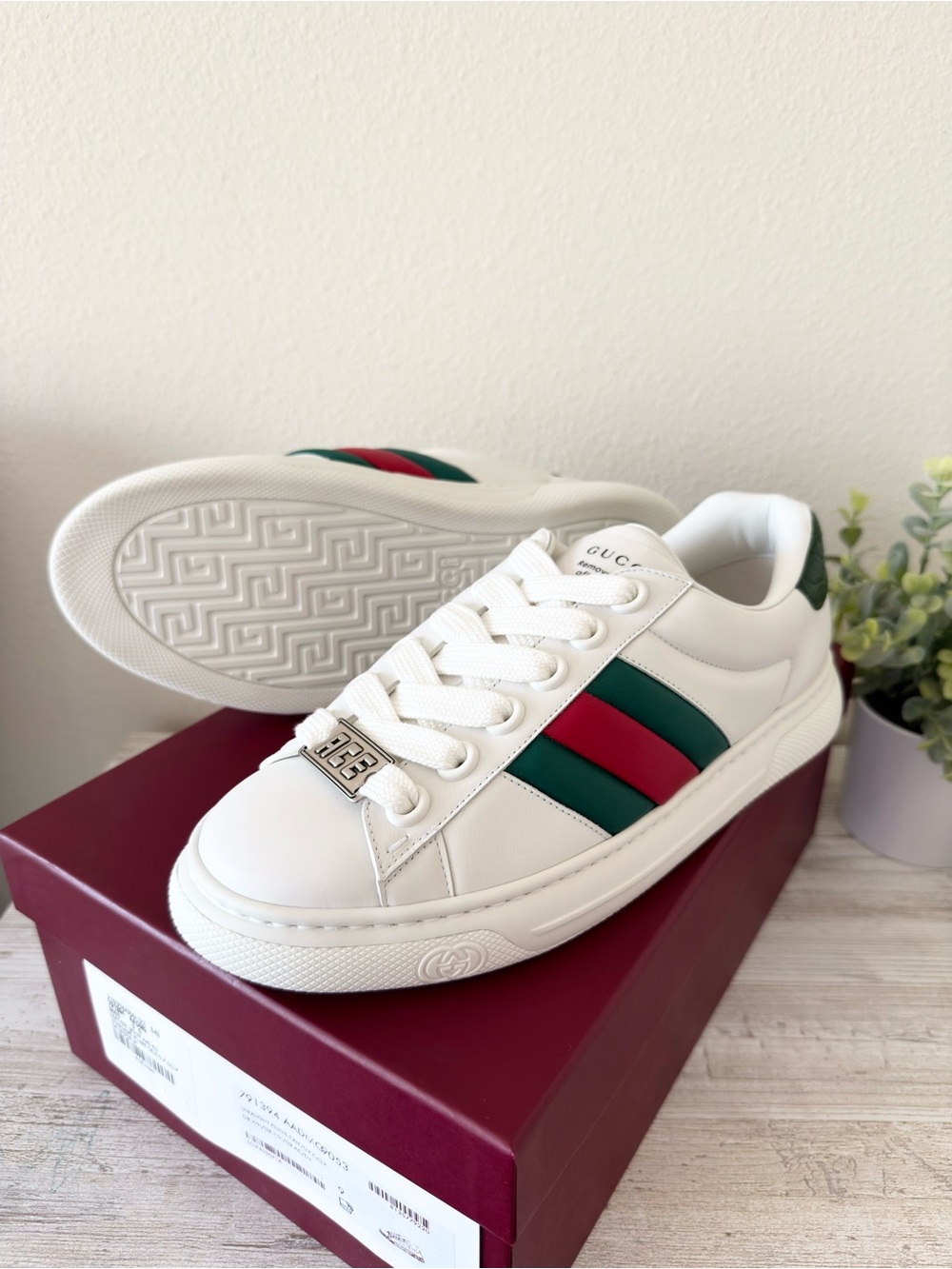 New Gucci Ace mens leather sneakers with Web, white, size 9, US 10